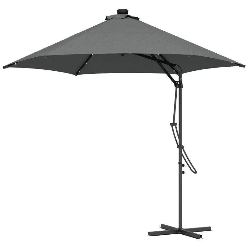Dark grey cantilever patio umbrella with open canopy and cross base