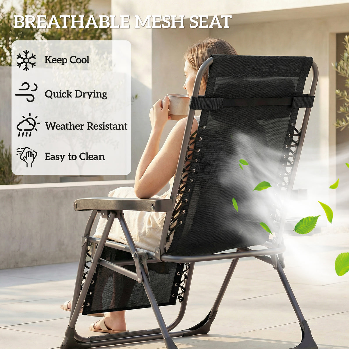 Outsunny black breathable mesh zero gravity lounge chair with recline support and headrest