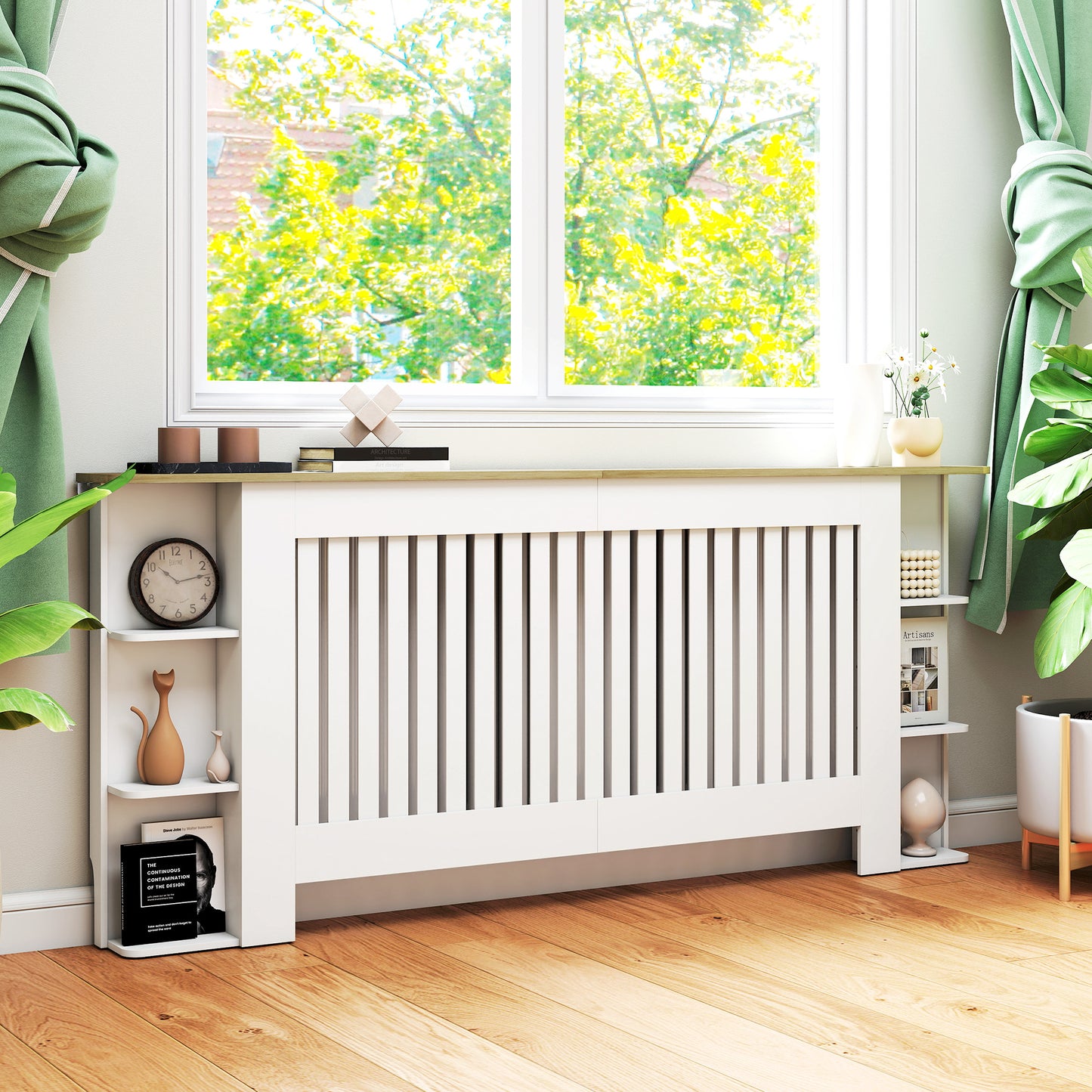 HOMCOM Radiator Cover With Open Storage Shelves And Slatted Cabinet For Living Room Hallway Extra Large White