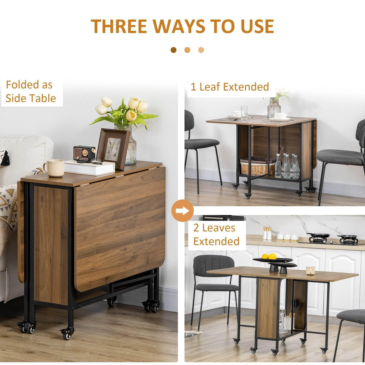 Folding dining table with storage cabinet, brown wood finish, black legs, extended two-leaf top