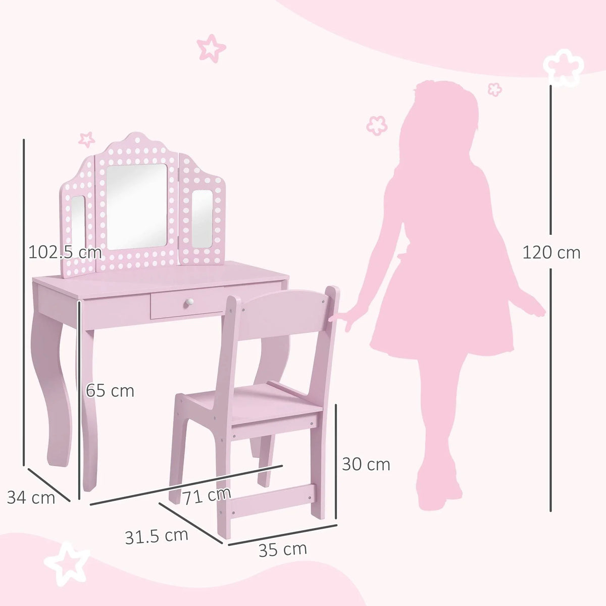 Pink kids vanity set with tri-fold mirror and stool, size diagram