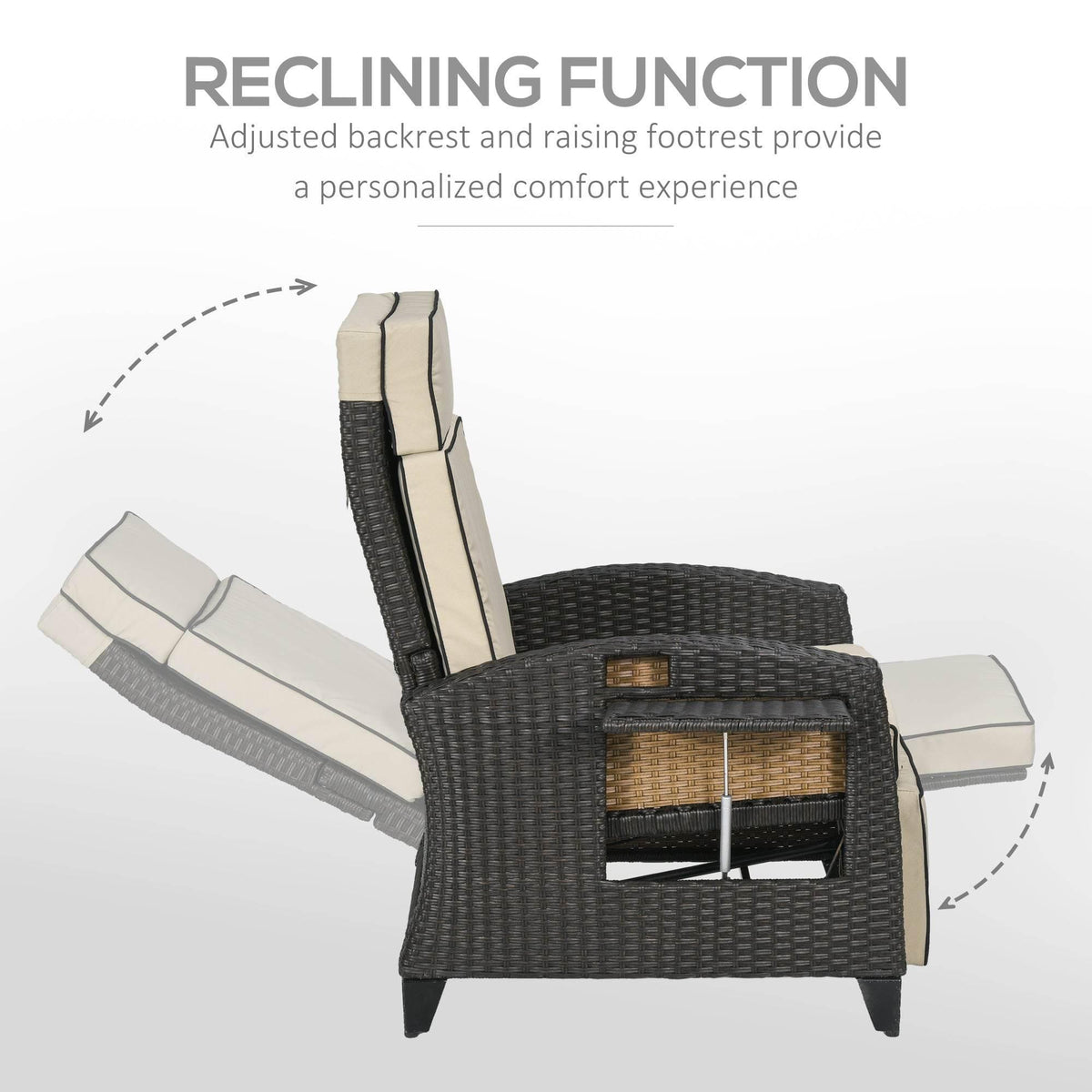 Adjustable outdoor recliner chair showing reclining back and raised footrest, dark brown wicker