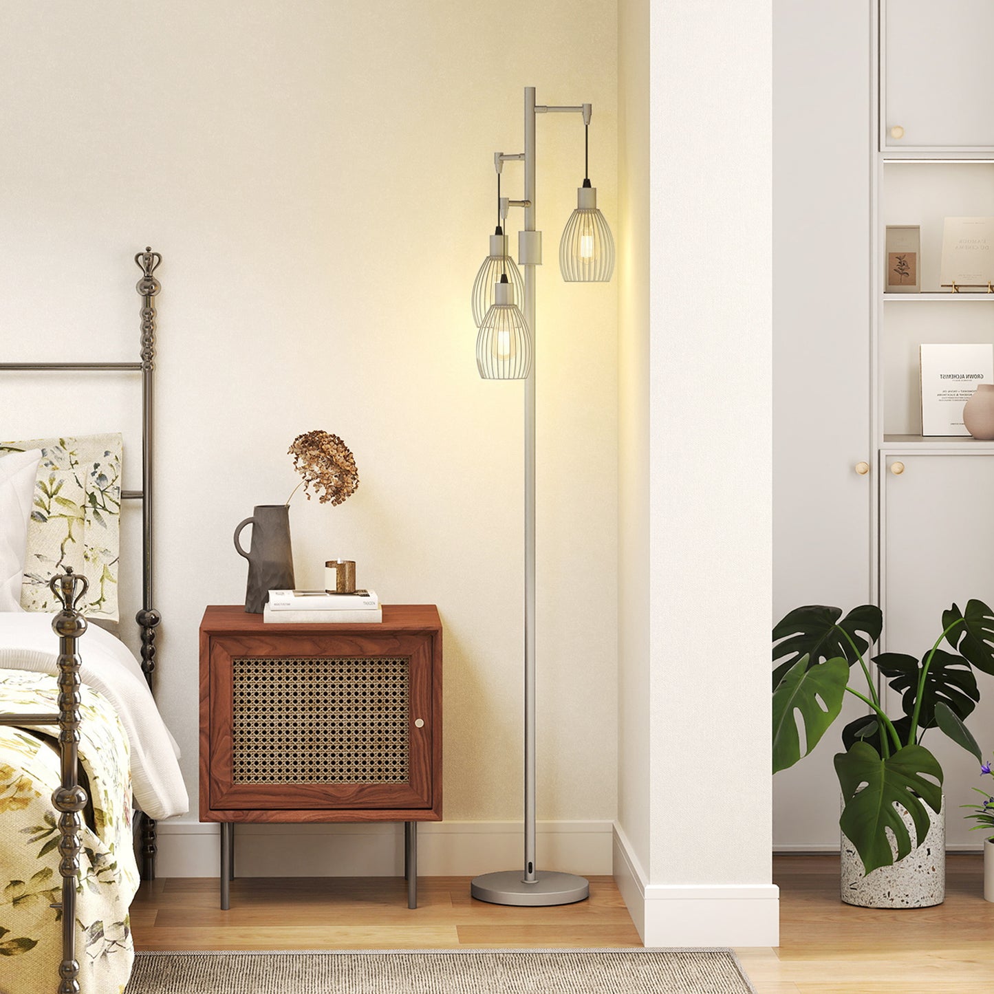HOMCOM 170.5cm Industrial Dimmable Standing Lamp Three Light Floor Lamp With Steel Wire Cage Lampshades Silver Tone