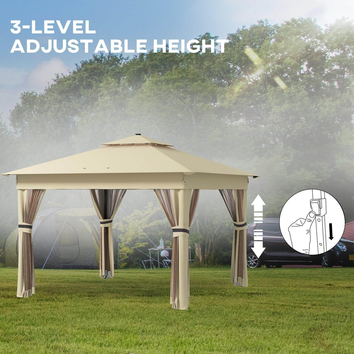 Khaki 3-level adjustable height pop-up gazebo with double-roof design