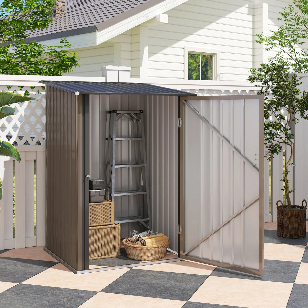 Steel storage shed with open front door, ladder shelf interior and side access rail