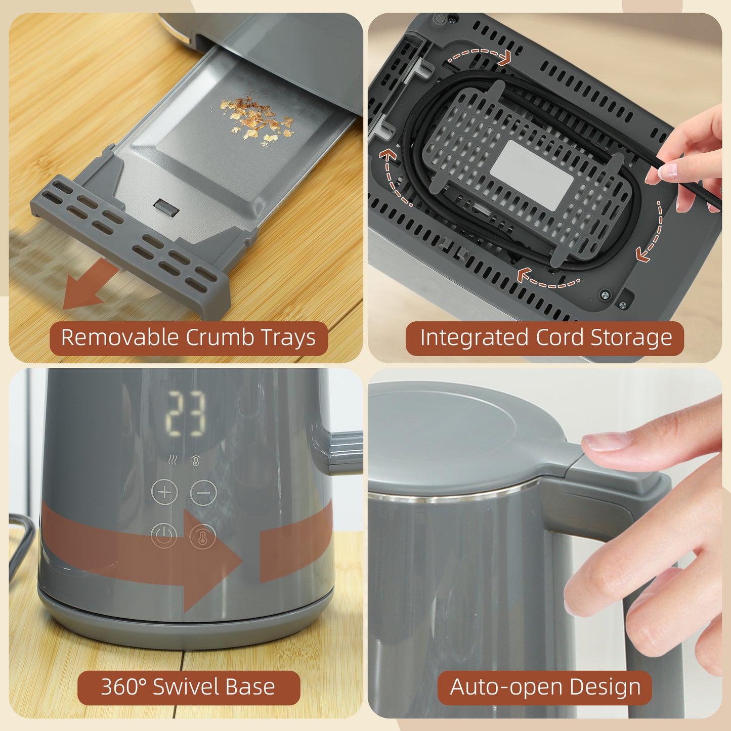 HOMCOM Digital Stainless Steel Kettle And Toaster Set 1.5L 3000W Boil Kettle And 2 Slice Toaster With 7 Browning Levels Grey