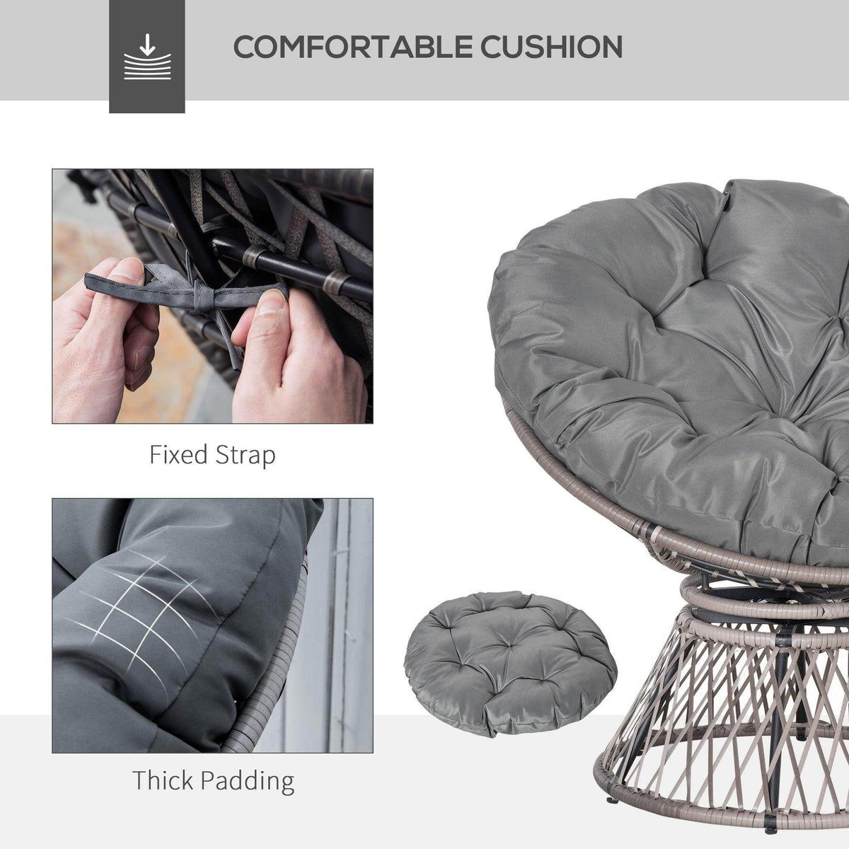 Gray cushioned papasan chair with fixed strap detail and woven rattan base