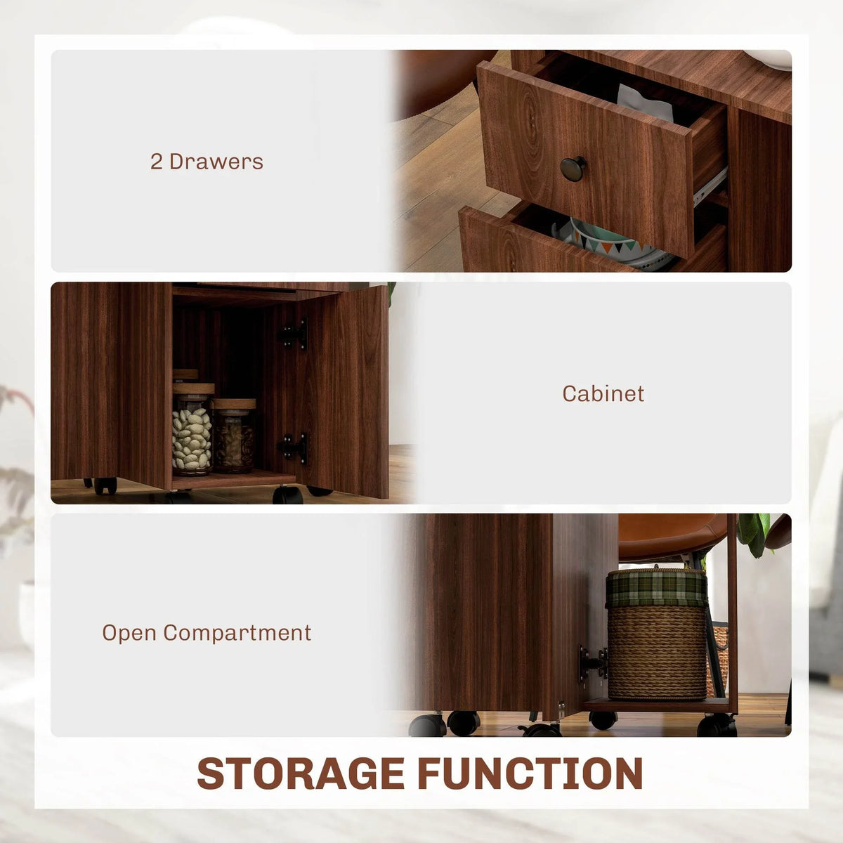 Rustic brown dining cabinet table with two drawers and open storage compartment