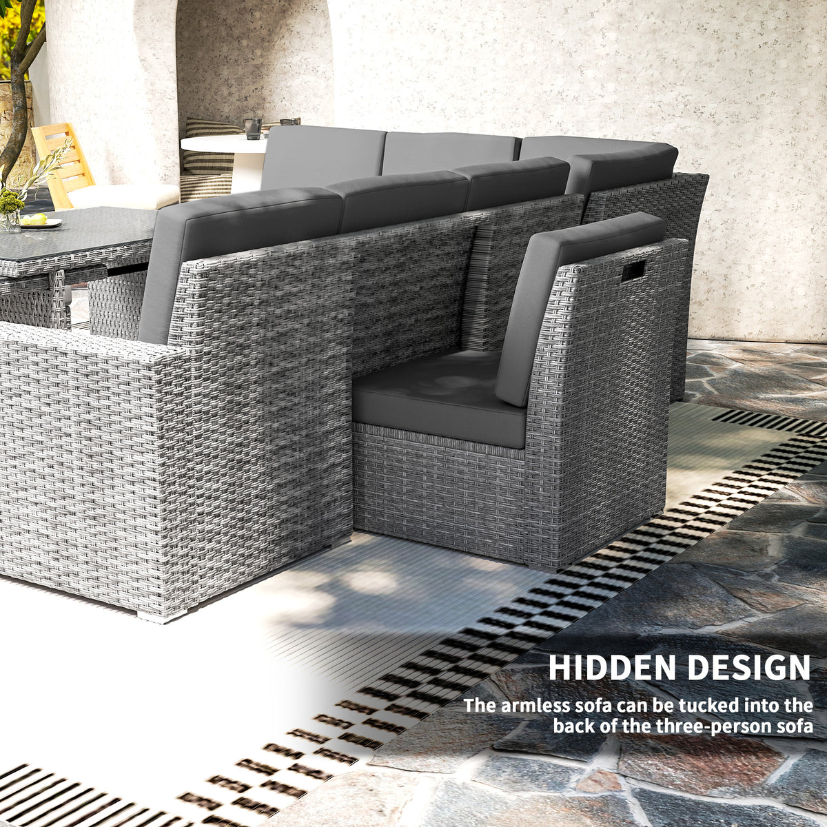 Grey rattan patio corner sofa set with armrests and thick seat and back cushions