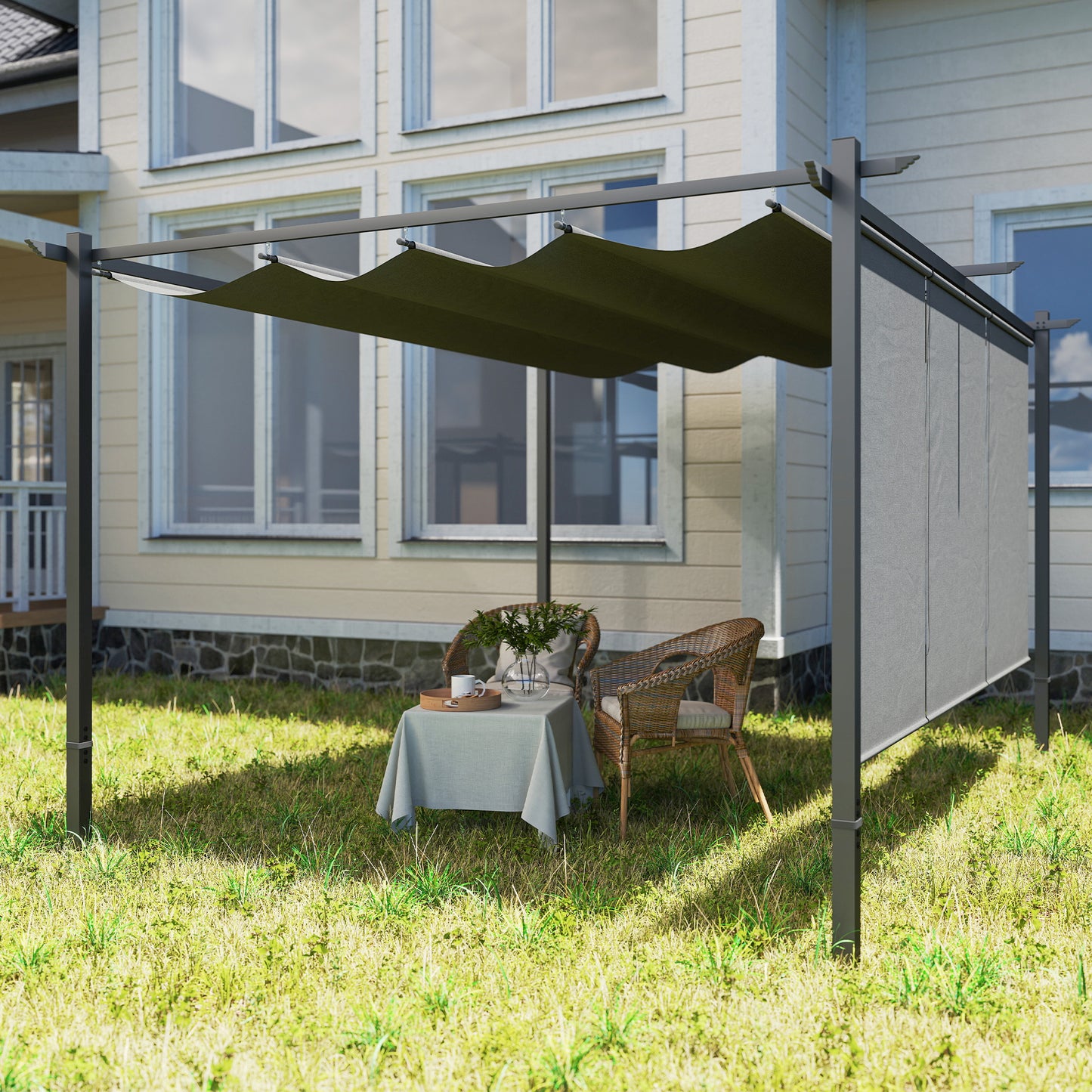 Outsunny 3 By 4m Metal Pergola With Retractable Roof And Roller Shade UPF30 Plus Outdoor Sun Shelter Grey