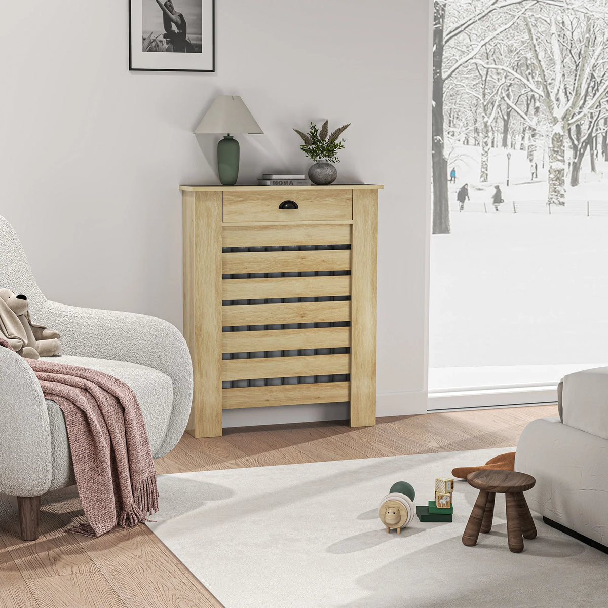 Oak radiator cover cabinet with front slatted grille and top drawer, black handle