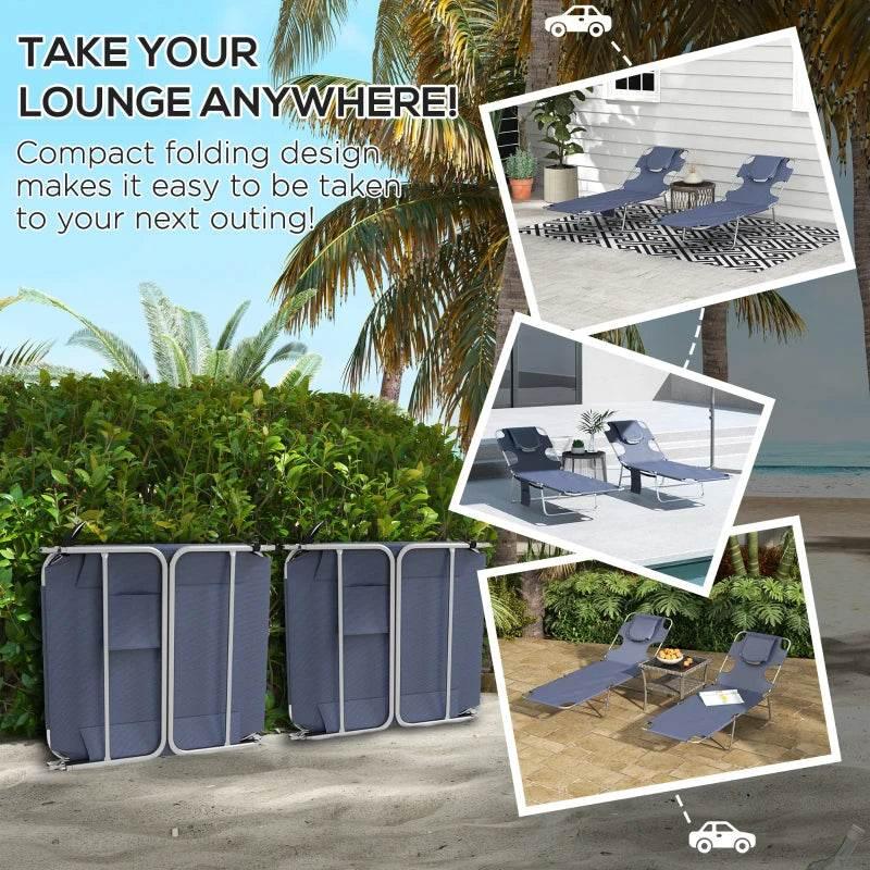 Set of 2 foldable blue sun loungers with metal frames, shown folded and open