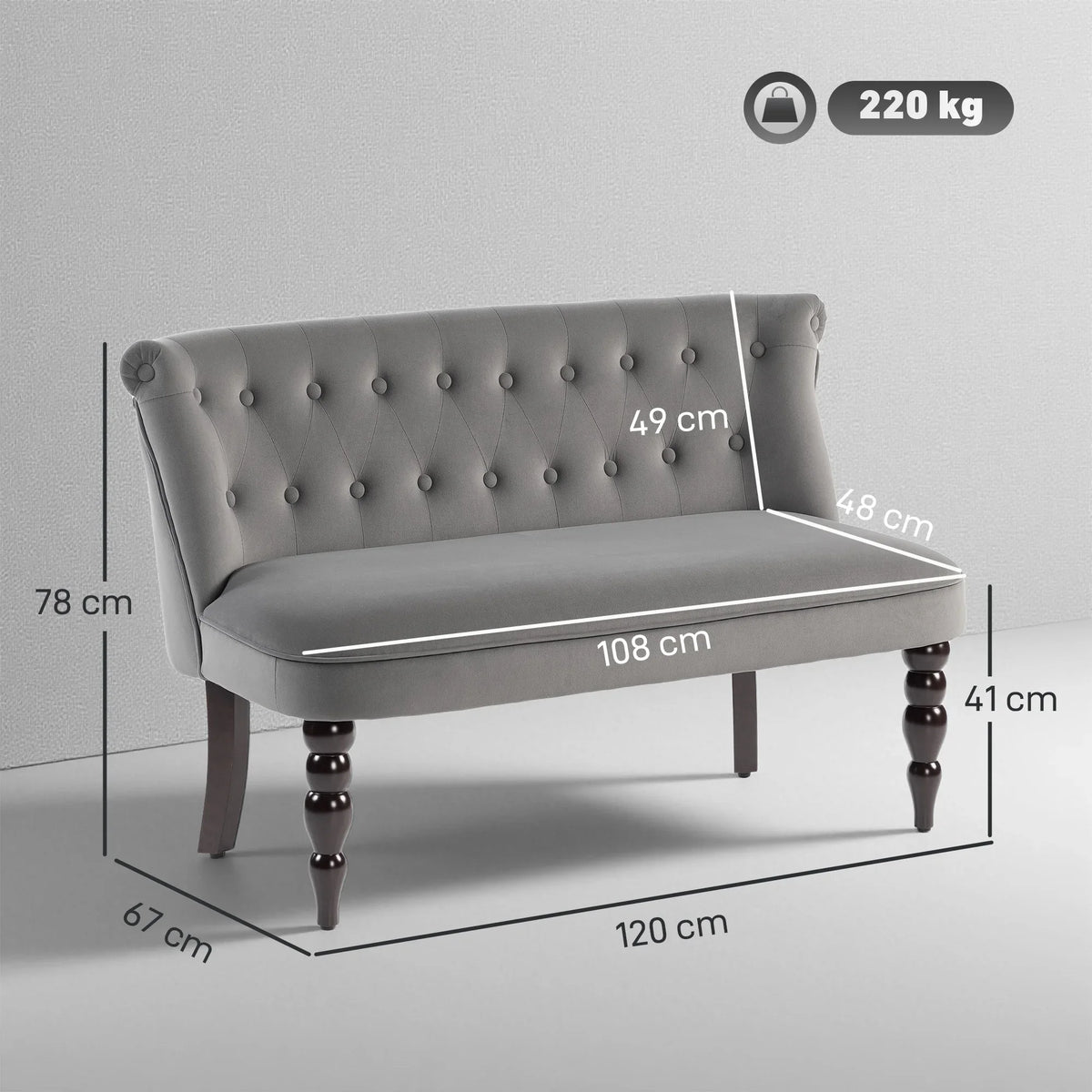 Charcoal grey velvet loveseat sofa with button-tufted back, dark wood legs, size labels shown.