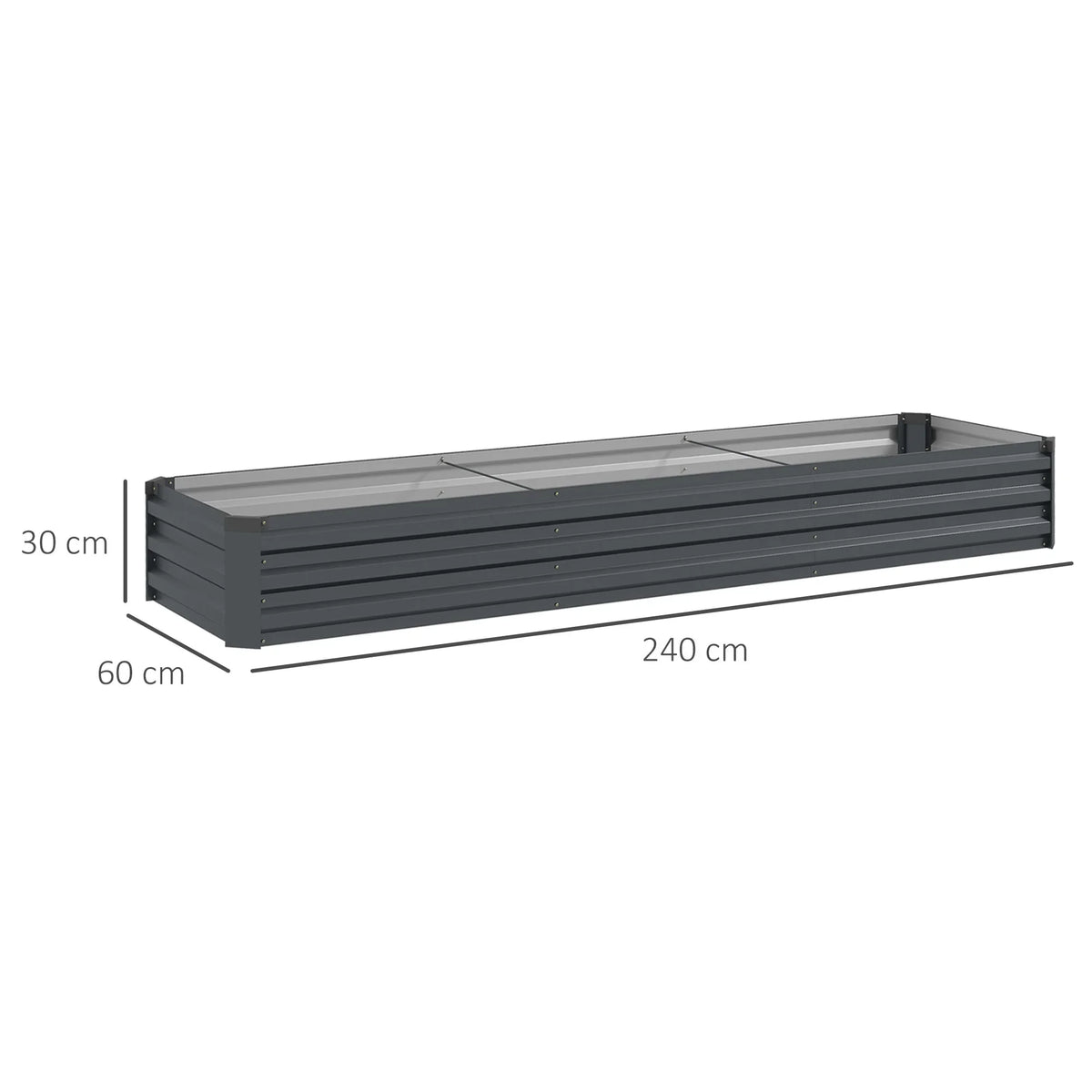 Rectangular galvanized steel planter box, empty, with 240 x 60 x 30 cm dimensions shown