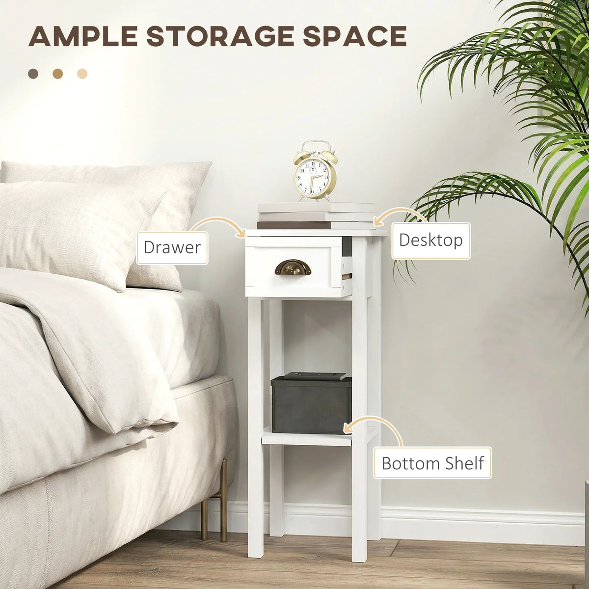 White bedside table with top drawer and bottom shelf next to a sofa bed