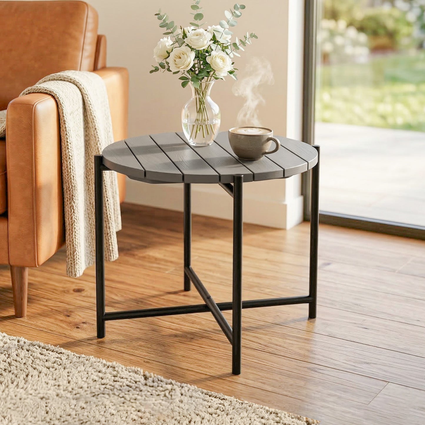 Outsunny 54 Cm Round Outdoor Side Table With Slatted Wood Top And Industrial Metal Frame Dark Grey