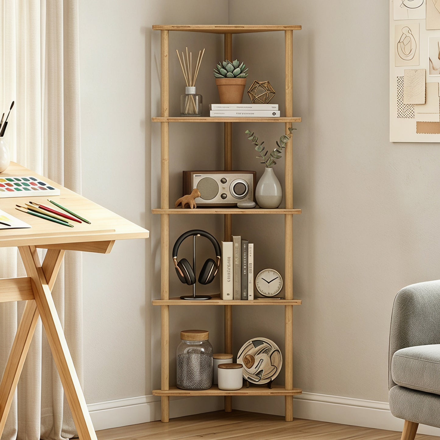 HOMCOM Bamboo Storage Shelf Five Tier Corner Shelf Freestanding Shelving Unit Living Room Natural Wood Finish