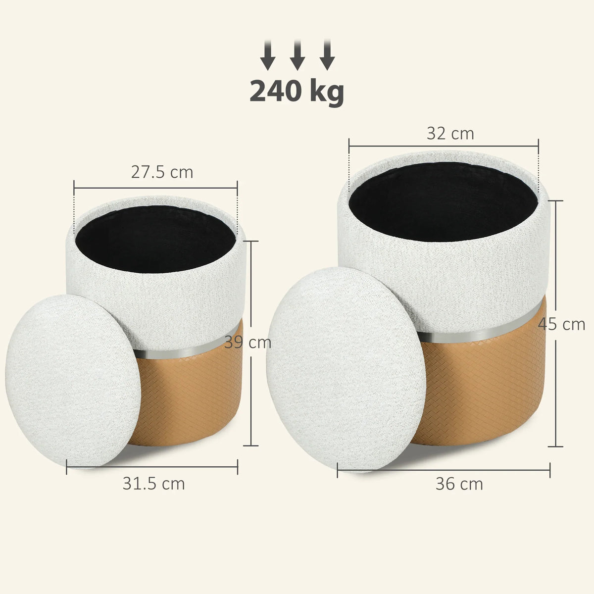 Nesting round storage ottomans, cream tops with brown bases; size diagram shown