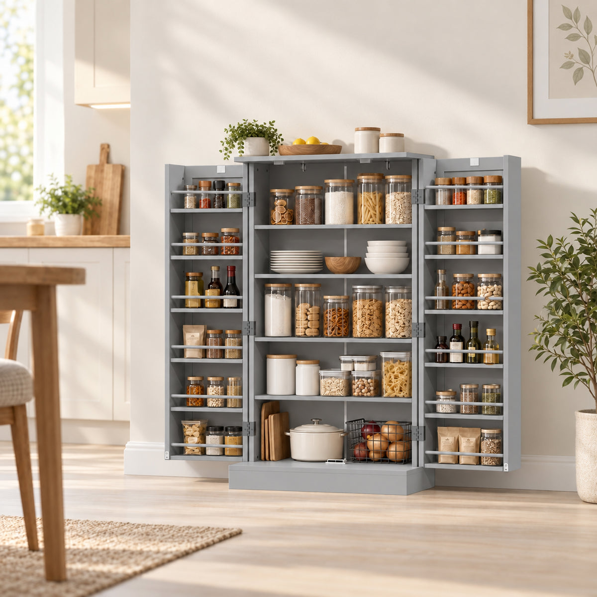 Grey freestanding pantry cabinet with open shelves and countertop storage