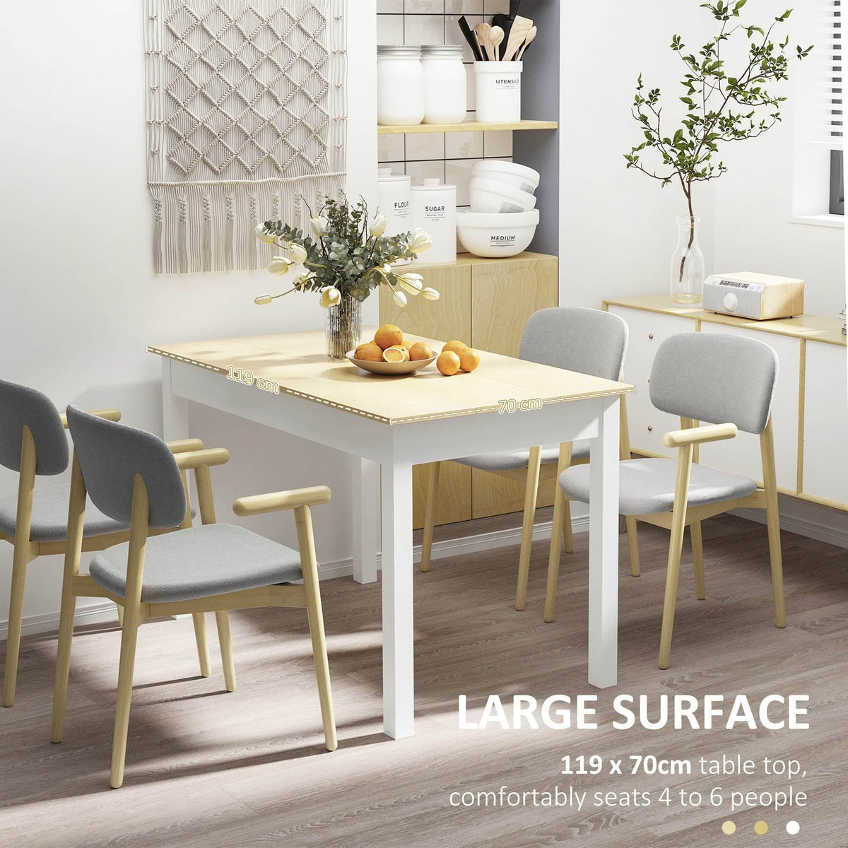 Large rectangular dining table with light wood top and white frame, seats 4-6