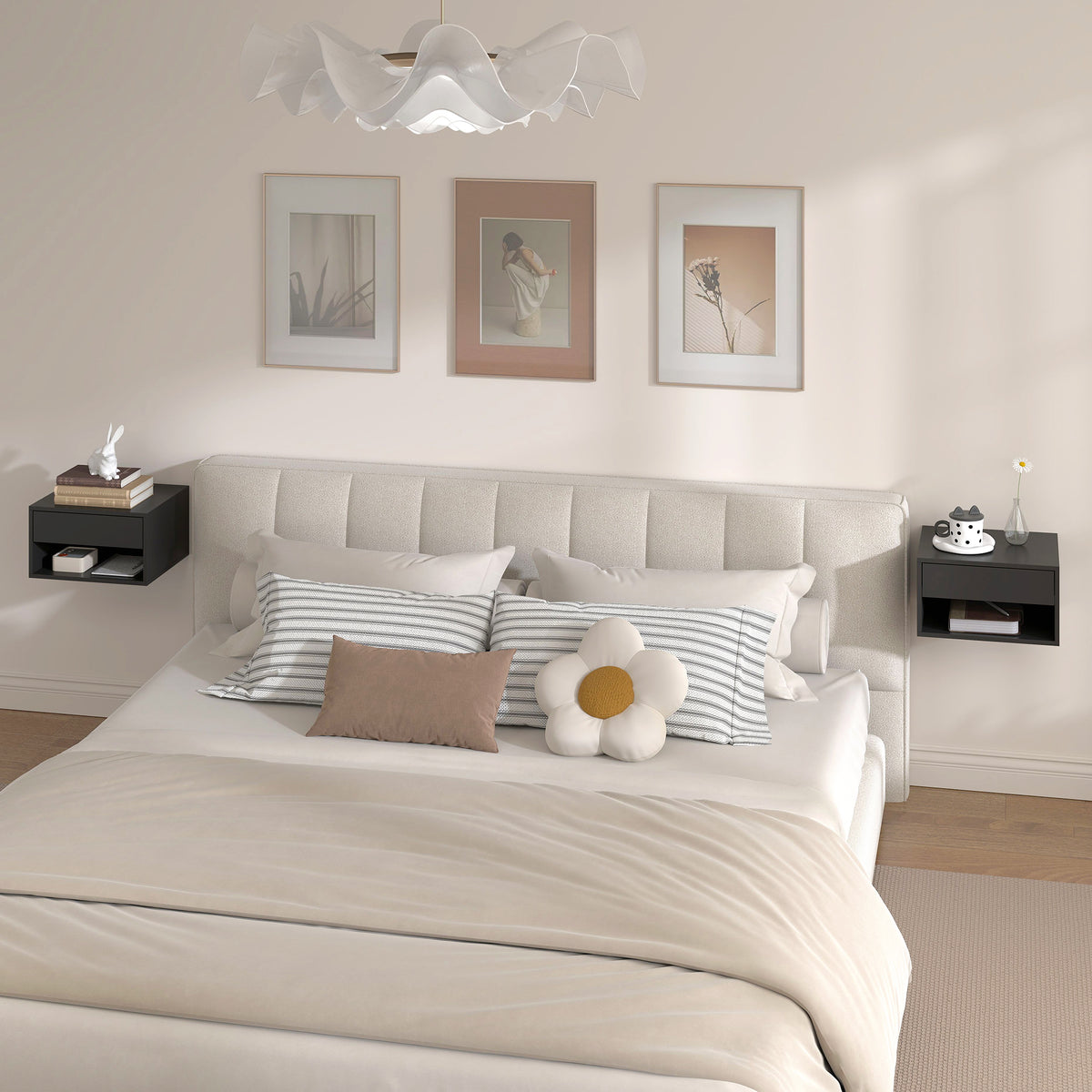 Black wall-mounted floating bedside table pair with open shelving units