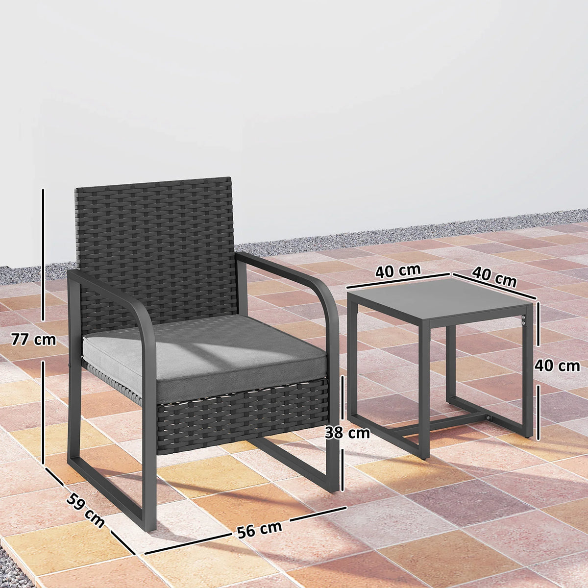 Black rattan bistro chair and matching glass-top side table, cushioned seat