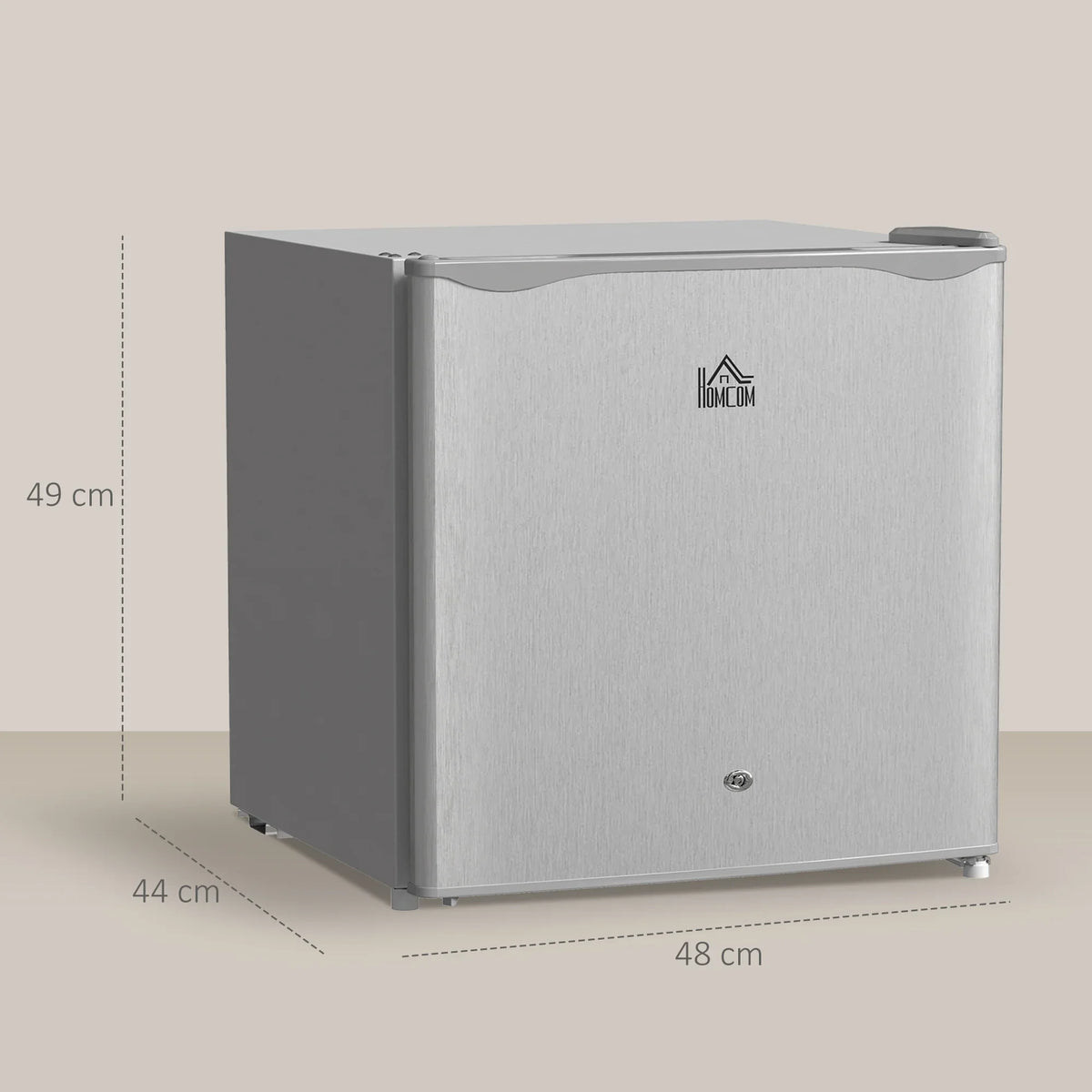 Lockable countertop fridge with grey sides, white door, and front caster feet.