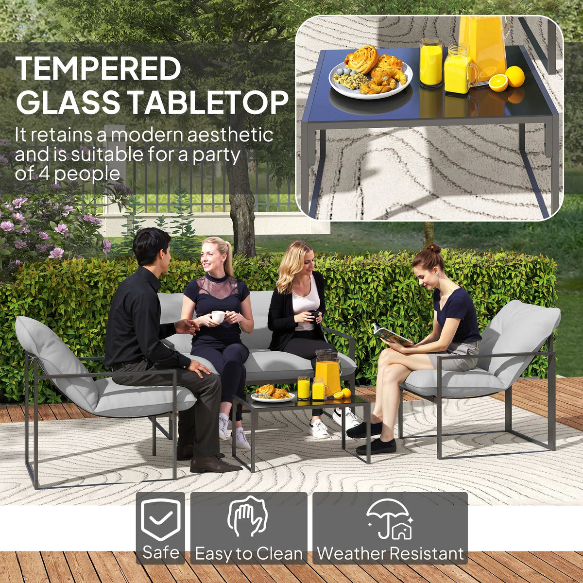 Outdoor dining set with black frame, light gray cushions, and tempered glass tabletop