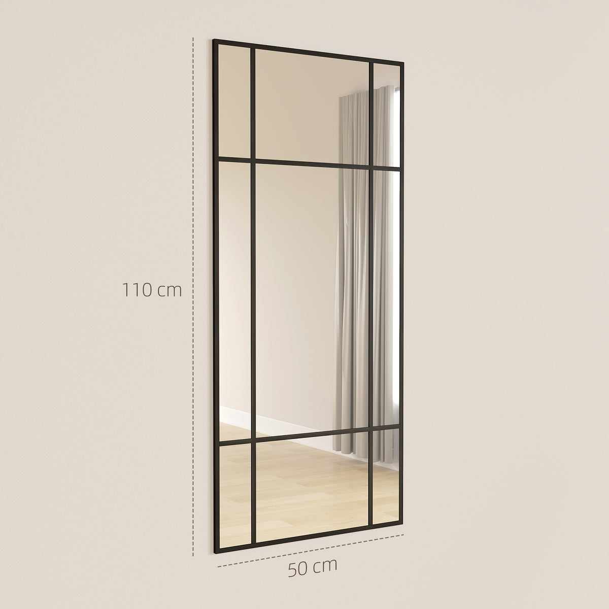 Black grid wall mirror, rectangular with vertical and horizontal frame lines.