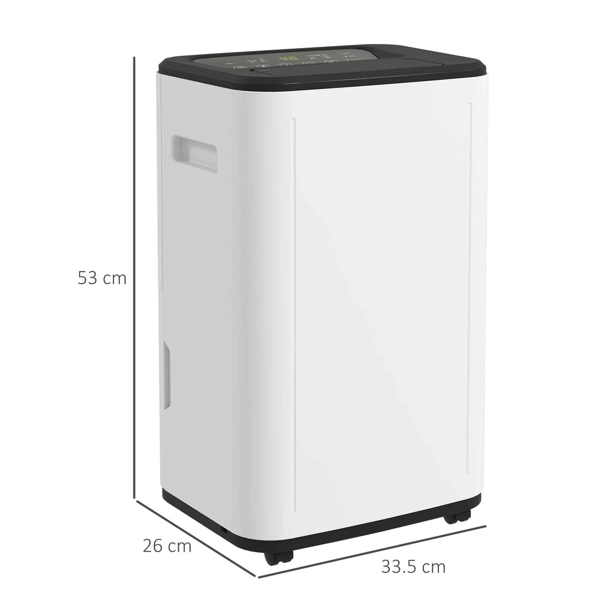 White portable dehumidifier with black top and side vents, front-left view