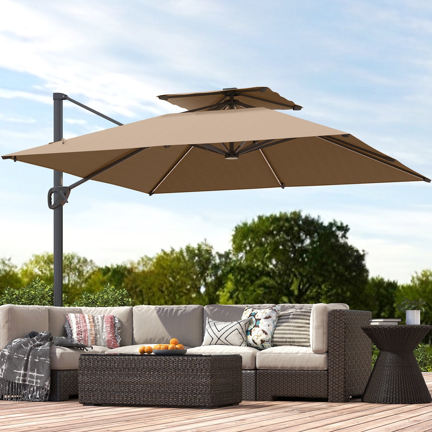 Outsunny Multi Angle LED Light Parasol Umbrella With Solar Powered Lights UPF 50 Plus Canopy Tiltable 360 Degree Swivel