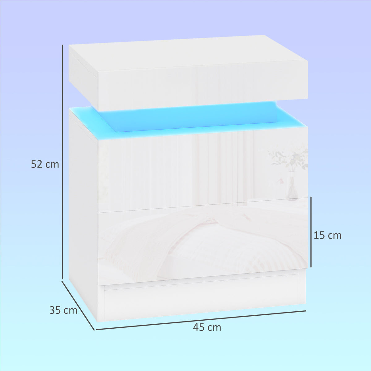 White LED bedside table with two-tier open compartments, blue accent light and drawer front