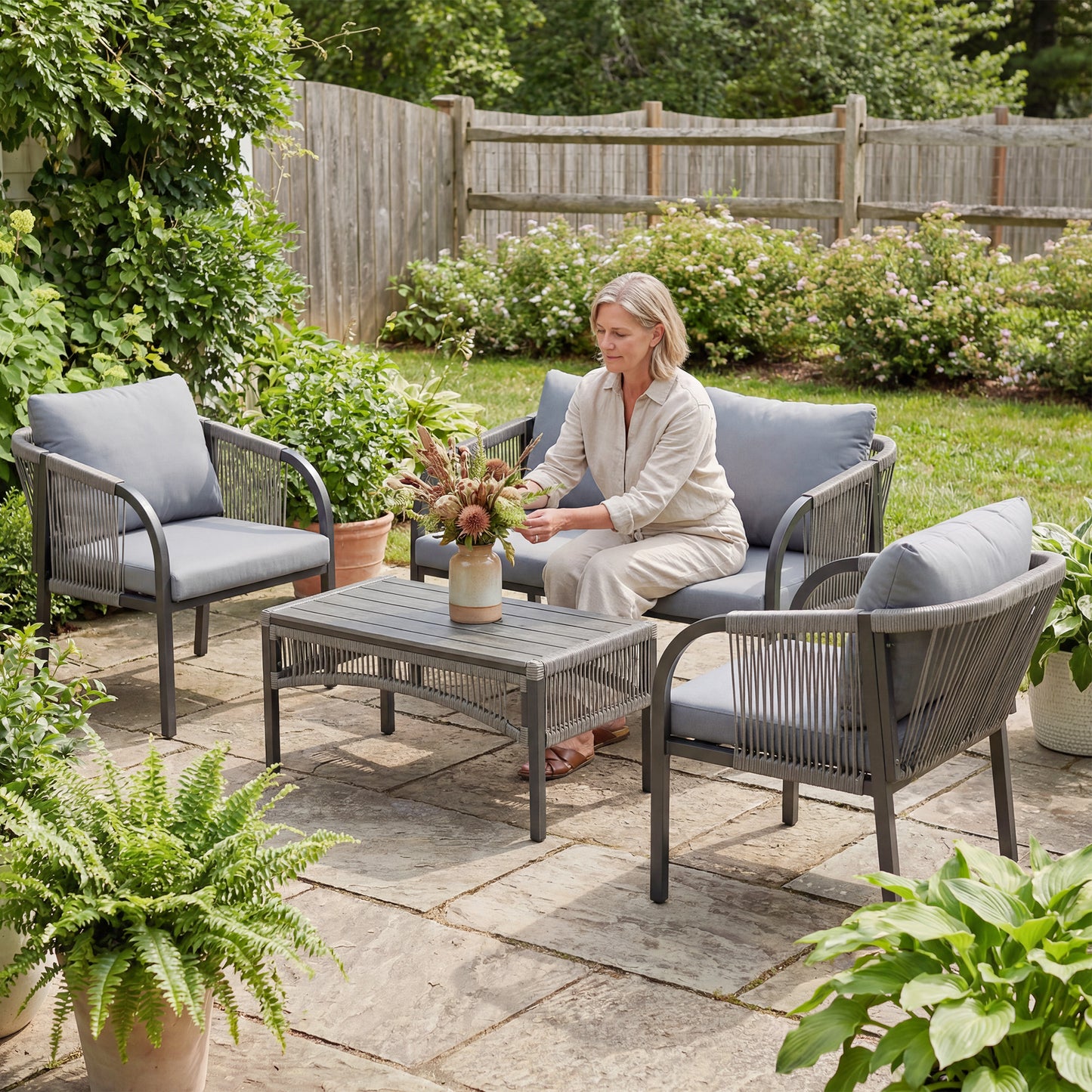 Outsunny 4 Piece Rattan Garden Furniture Set Loveseat Armchairs Table Steel Frame Wicker Patio Conversation Set Grey