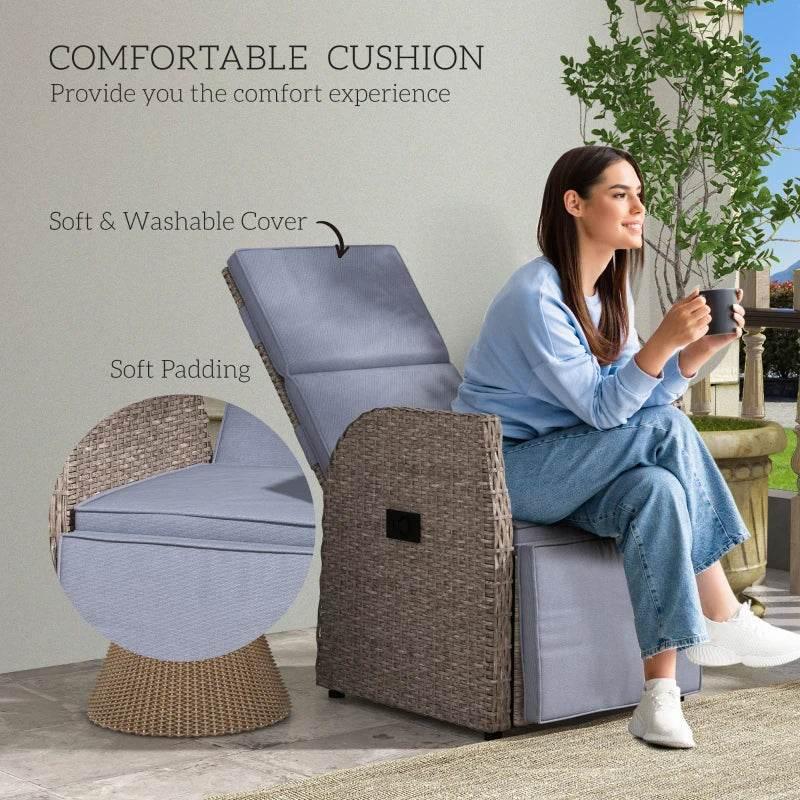 Brown woven recliner chair with light-blue seat and back cushions