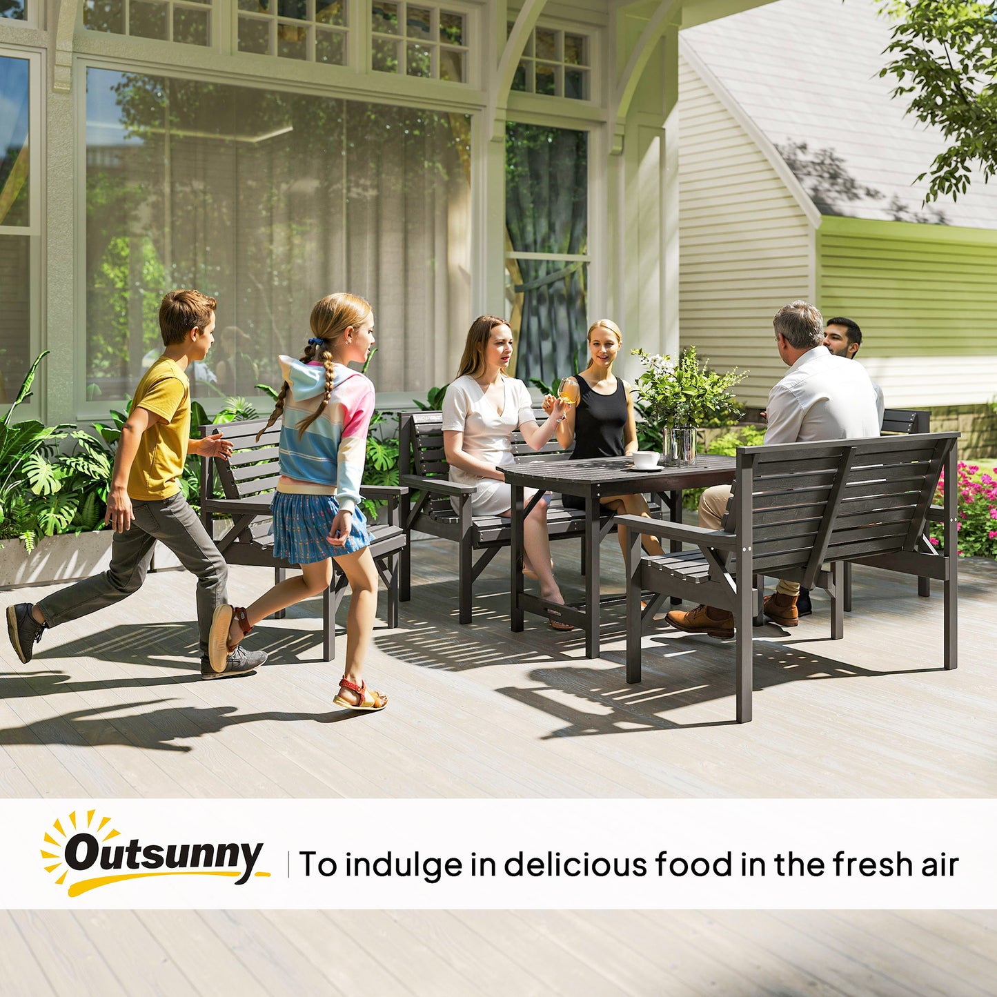 Outsunny 5 Piece Wooden Garden Dining Set For 6 Outdoor Conversation Set With 2 Armchairs 2 Loveseats And Table Grey