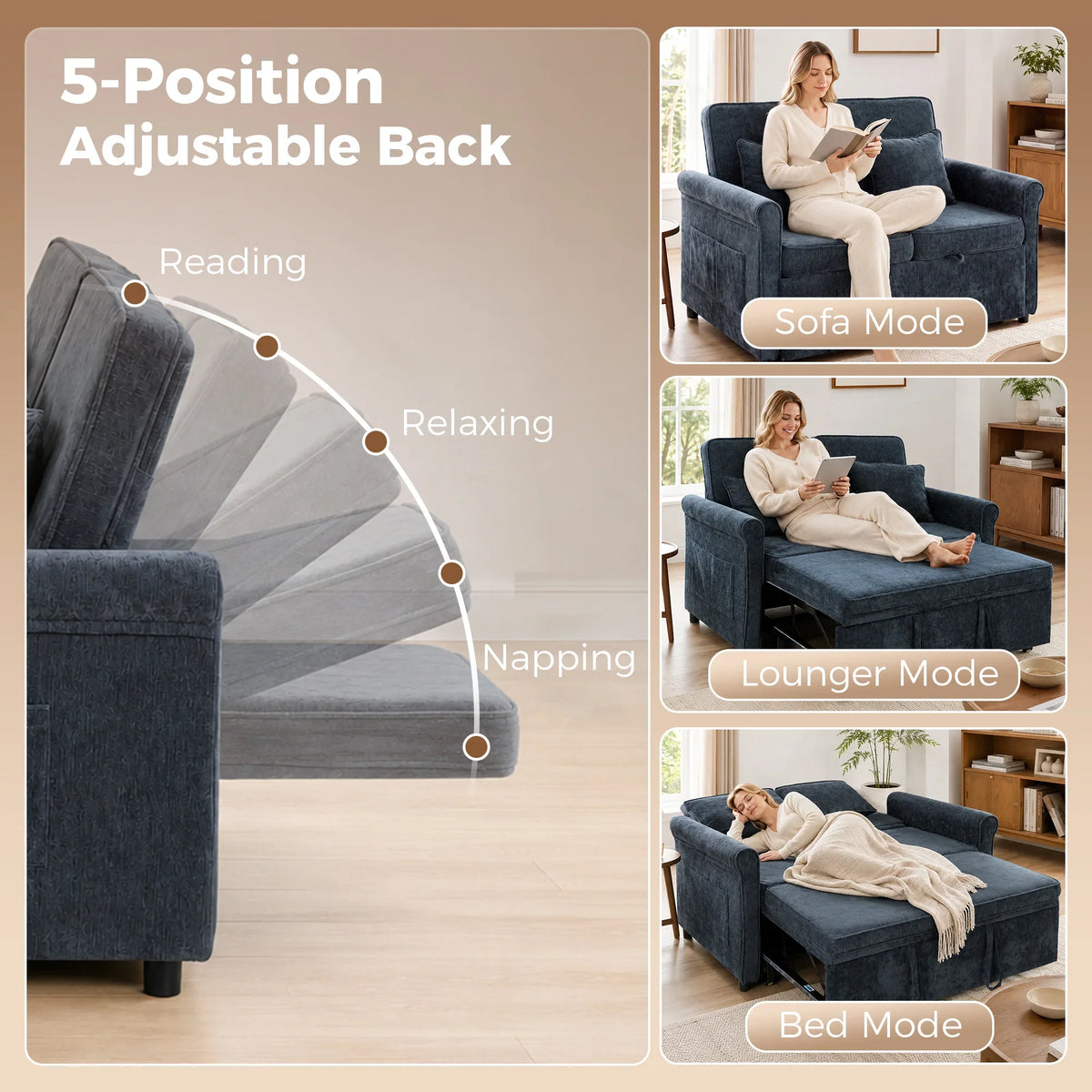 Dark blue sofa bed with adjustable backrest, shown in five positions