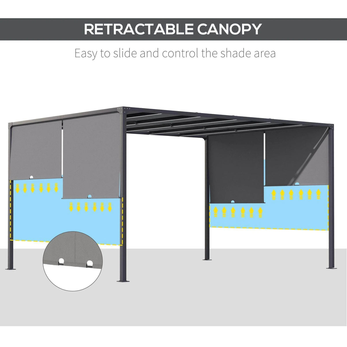 Grey pergola with retractable canopy shown in a shade-control diagram
