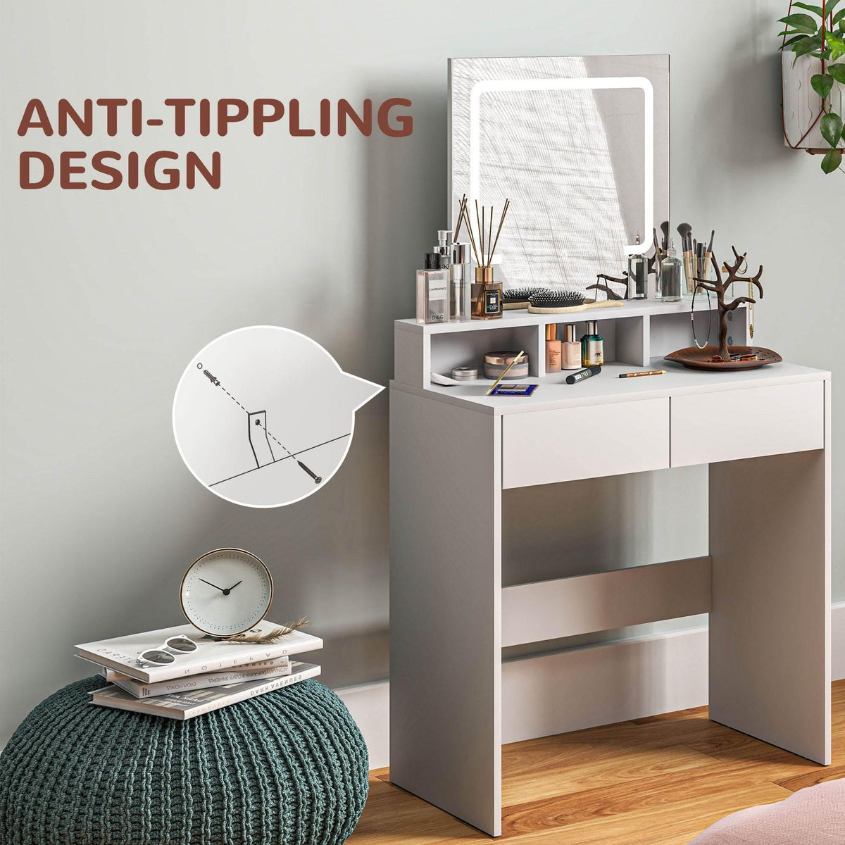 White vanity table with LED illuminated mirror, drawers and shelves for cosmetics and tools