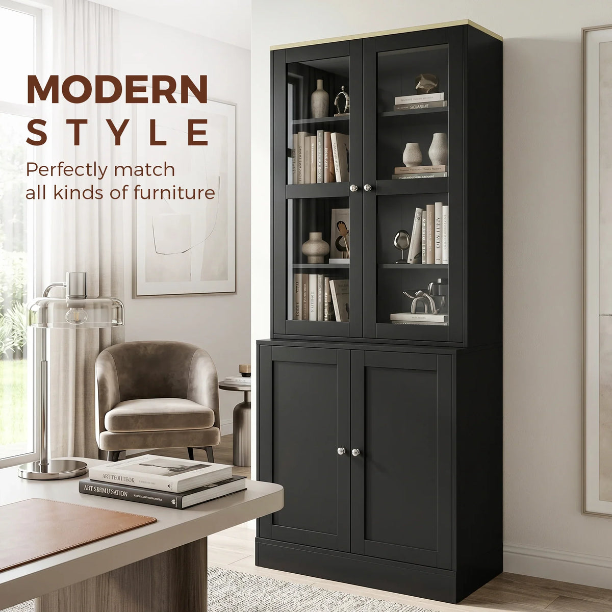 Black modern bookcase cabinet with glass door display shelves and double doors