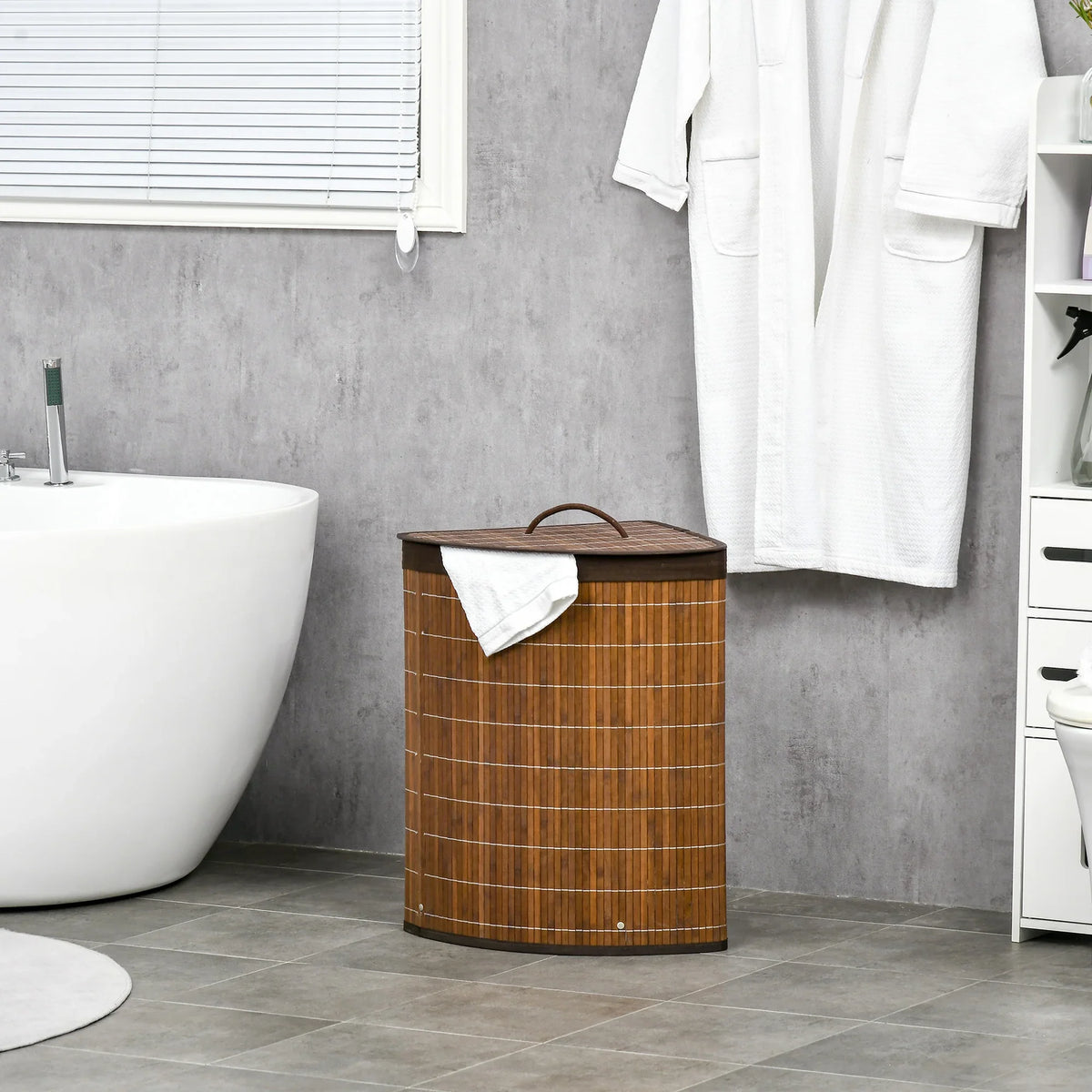 Brown bamboo laundry hamper with lid and handle, corner-friendly triangular shape