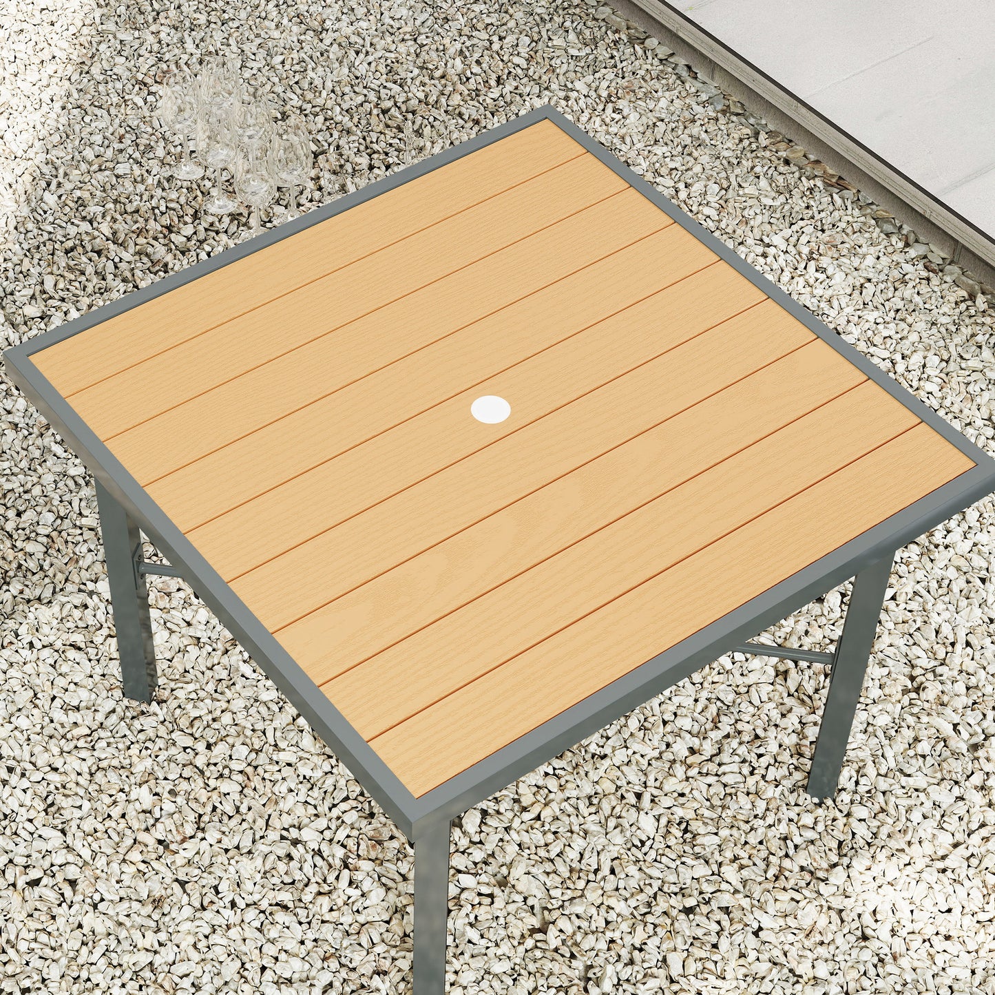 Outsunny 90 cm Outdoor Dining Table For 4 With Umbrella Hole Wood Effect Top Rust Resistant Steel Frame Patio