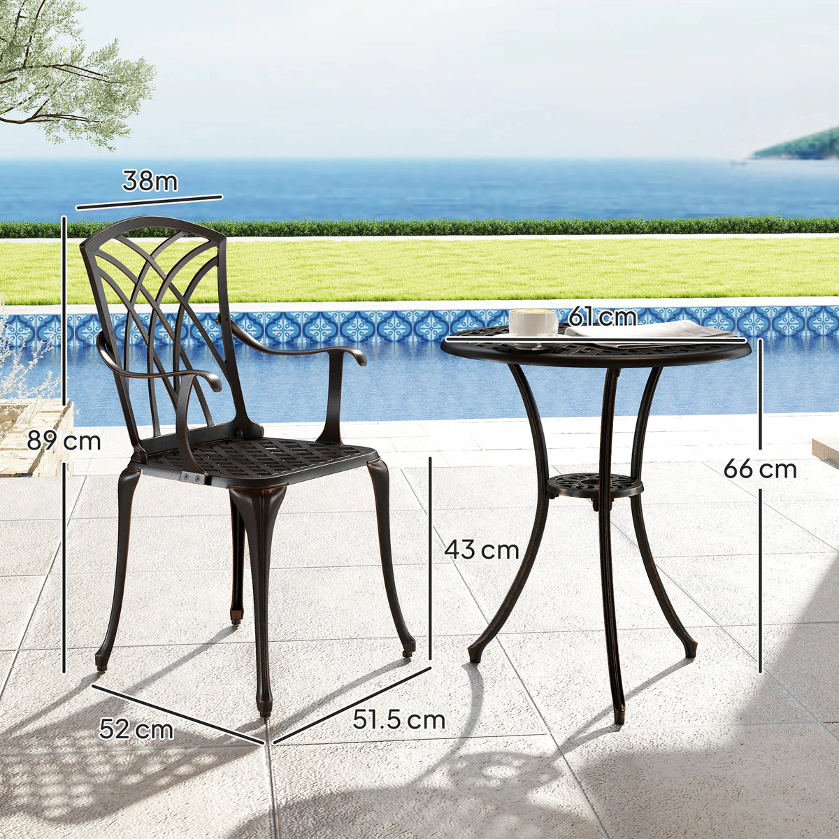 Outdoor dining table with round tabletop and two matching armchairs with armrests