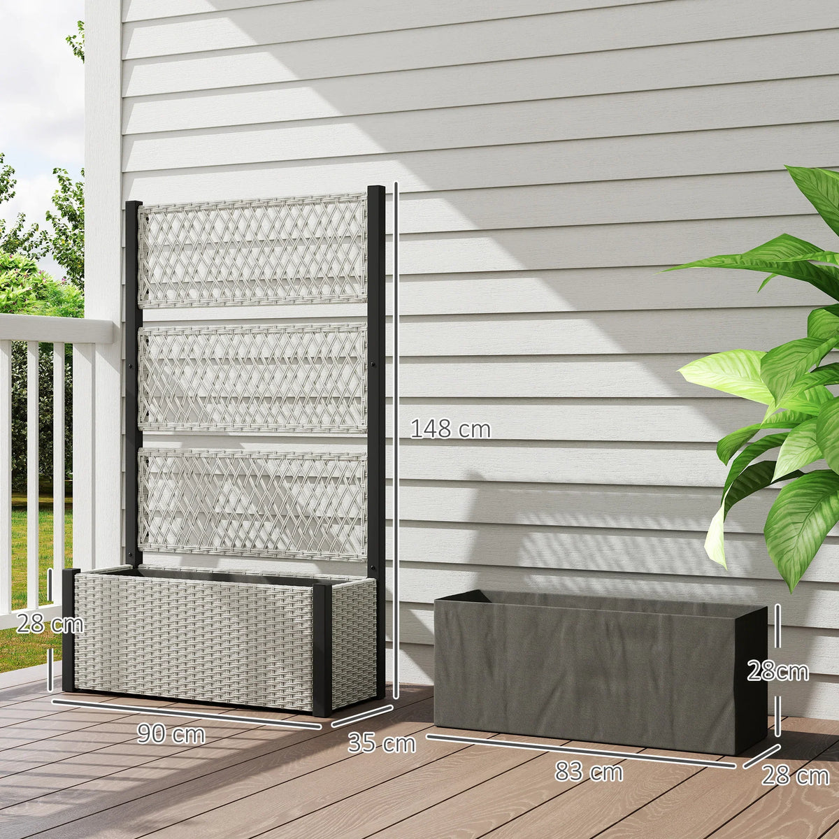 Grey rattan-style garden planter box with black trellis frame for climbing plants