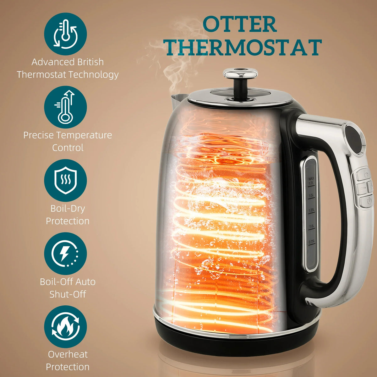 Black electric kettle with a clear viewing window showing heating water.