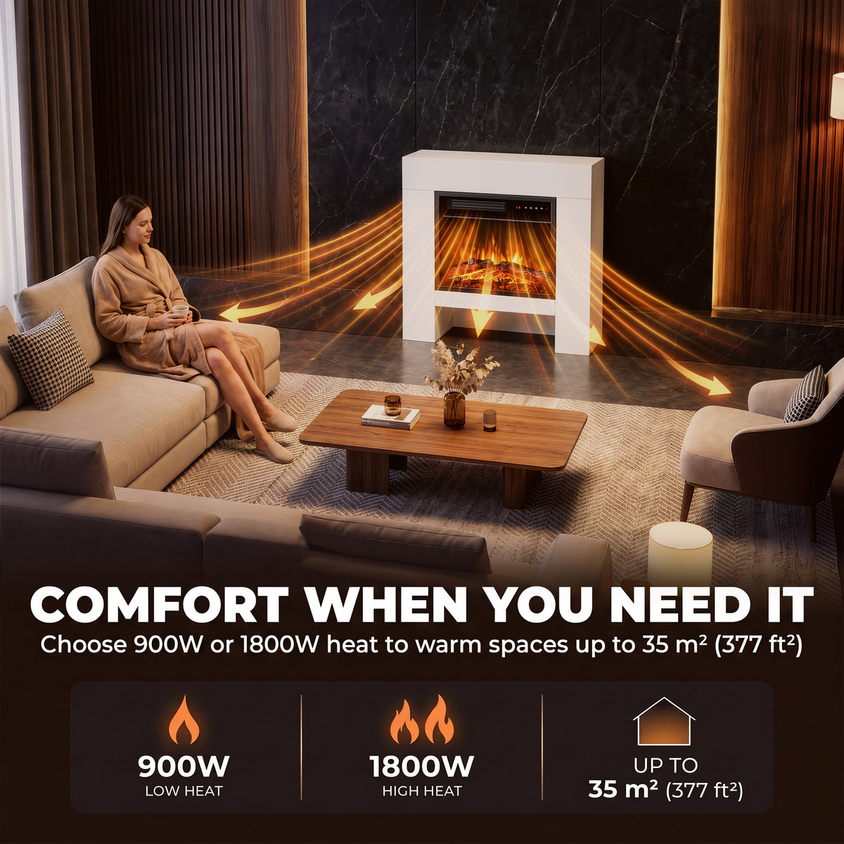 White electric fireplace cabinet with 3D flame effect and firewood logs