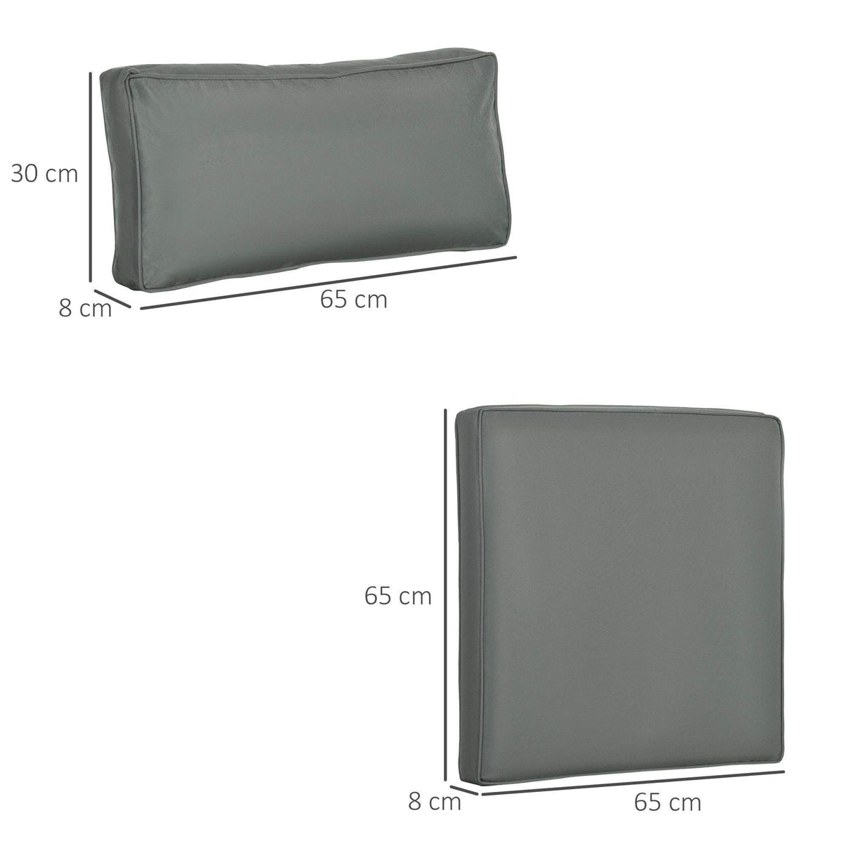 Dark gray replacement outdoor cushion pad with size diagram, 65 cm by 30 cm