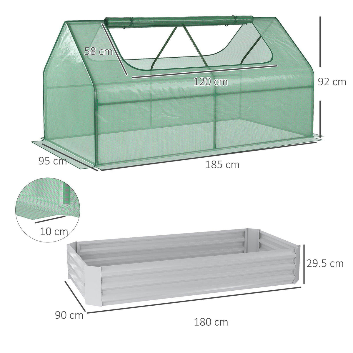 Green mesh greenhouse raised planter bed with steel frame and clear transparent panels