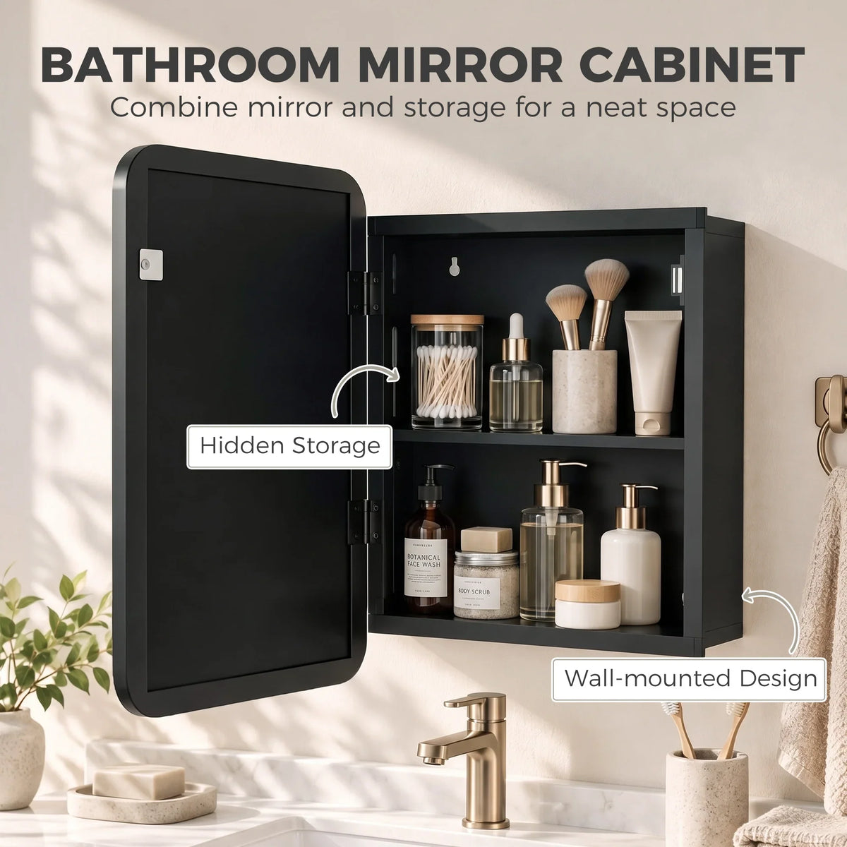 Bathroom mirror cabinet with open storage shelves and interior compartments