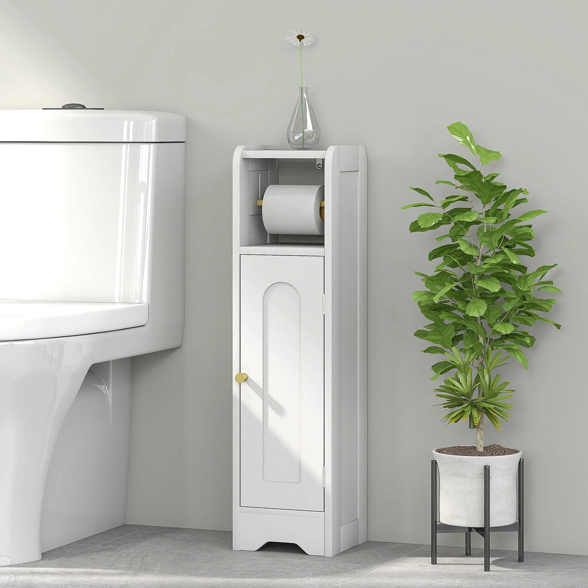 White slim bathroom storage cabinet with toilet roll holder and two-tier shelving
