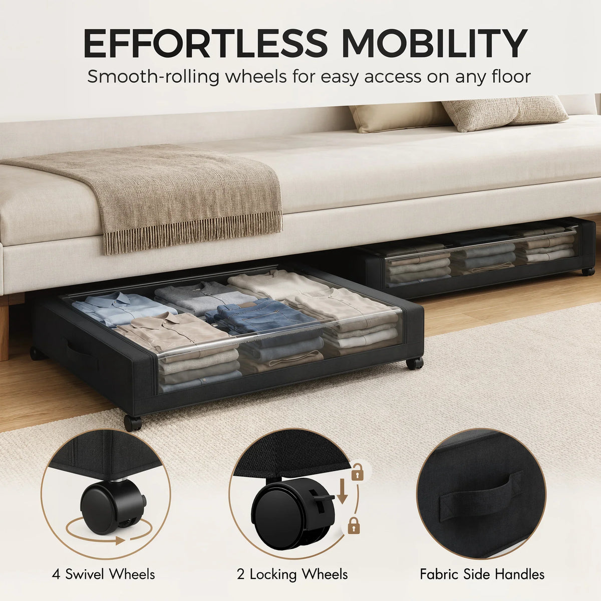 Wheeled storage drawers with clear lids, swivel and locking wheels, side handle view